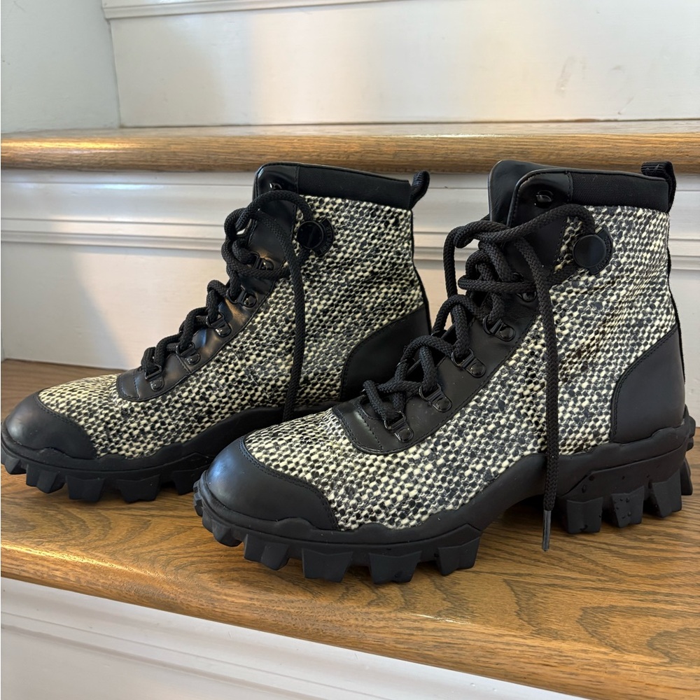 Limited Edition Moncler Helis White/ Black Leather Lace Up Ankle Boots